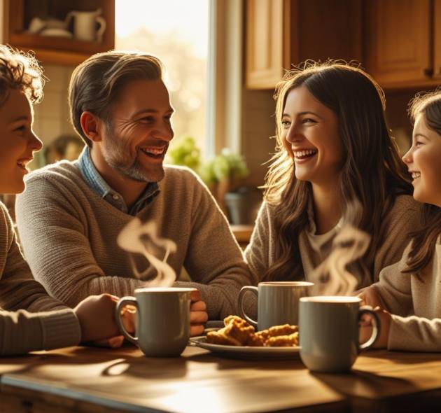 Family around a table enjoying talking